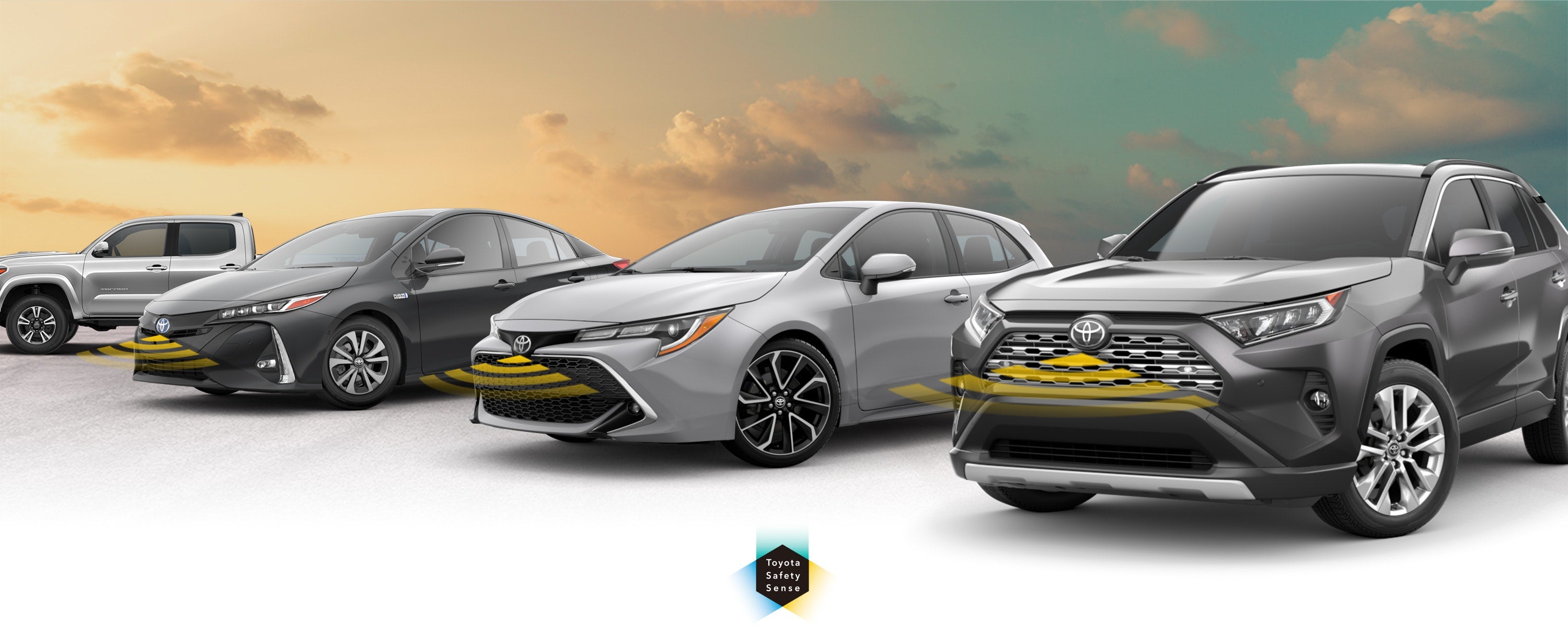 Toyota Safety Sense: Designed for Safety. Options shown on Toyota models including RAV4, Tacoma, and Camry, available now at Toyota City in Mamaroneck NY.